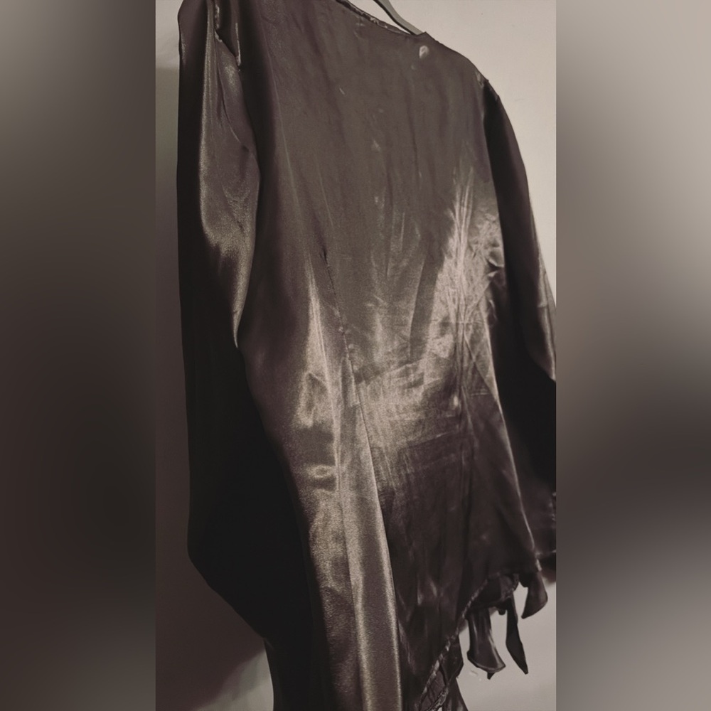 Black Satin Ruffle Statement Blouse Romantic Glam Evening Top - Picture 4 of 4